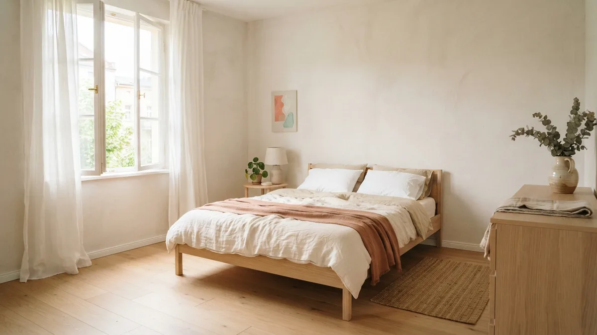 A bedroom arranged for better airflow Bright bedroom with open window and clear space for air to move