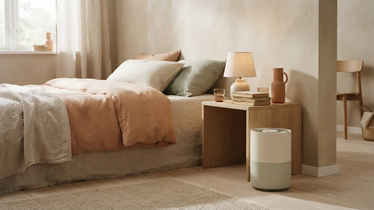 Compact air purifier placed beside a bed with clear space around its vents