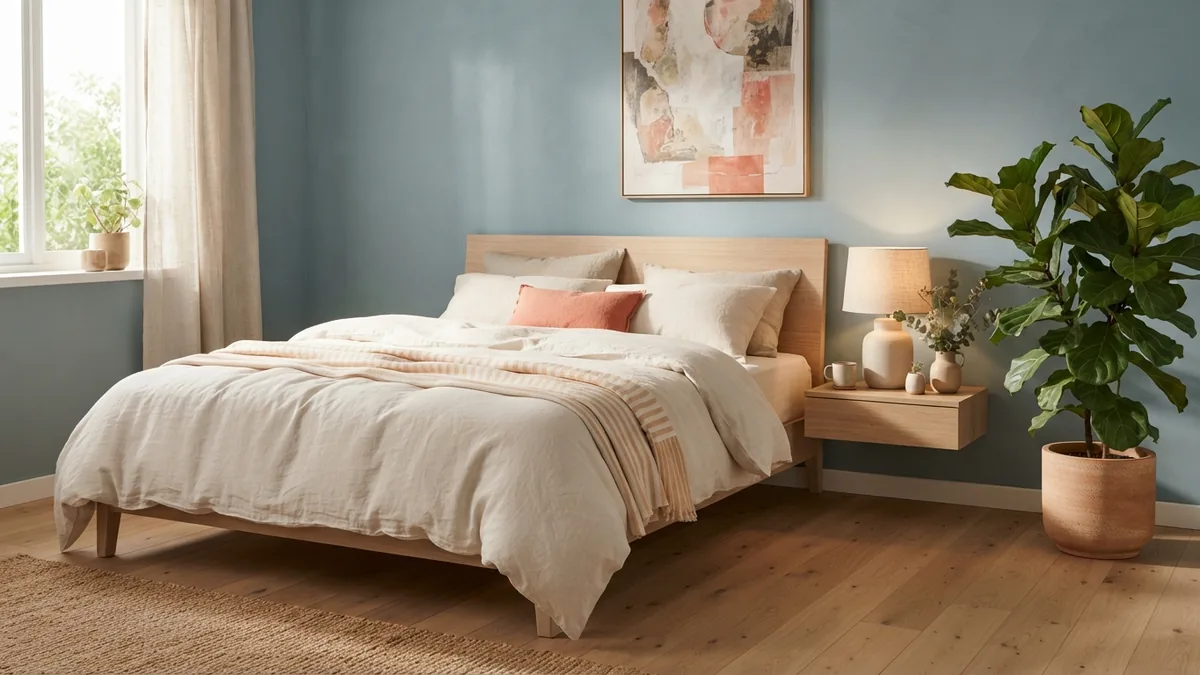 Muted blue walls in a restful bedroom A restful bedroom with muted blue walls, cream bedding, and pale oak details
