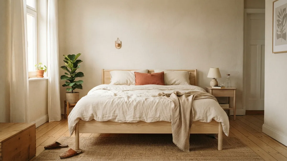 Warm neutral bedroom color pairing Warm beige bedroom walls paired with cream textiles and light wood furniture