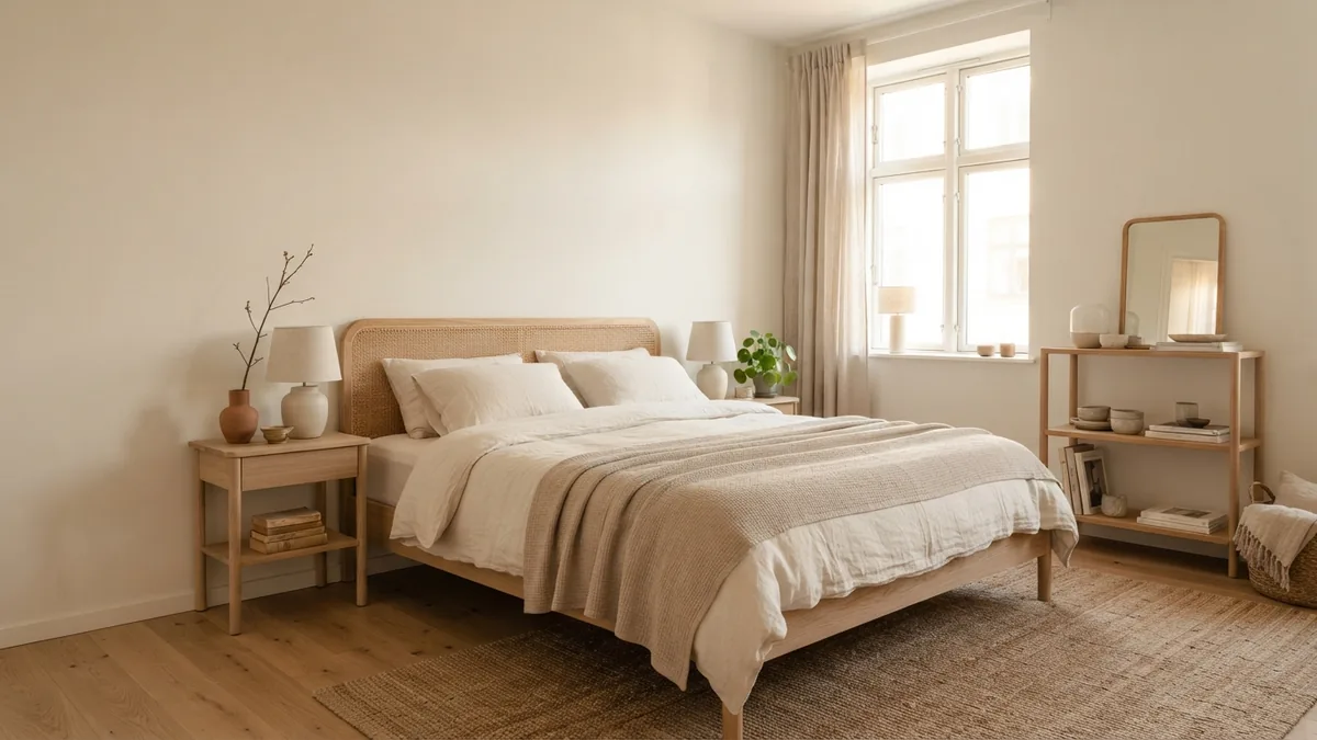 Pale blue bedroom with ivory bedding and light oak furniture for a calm retreat