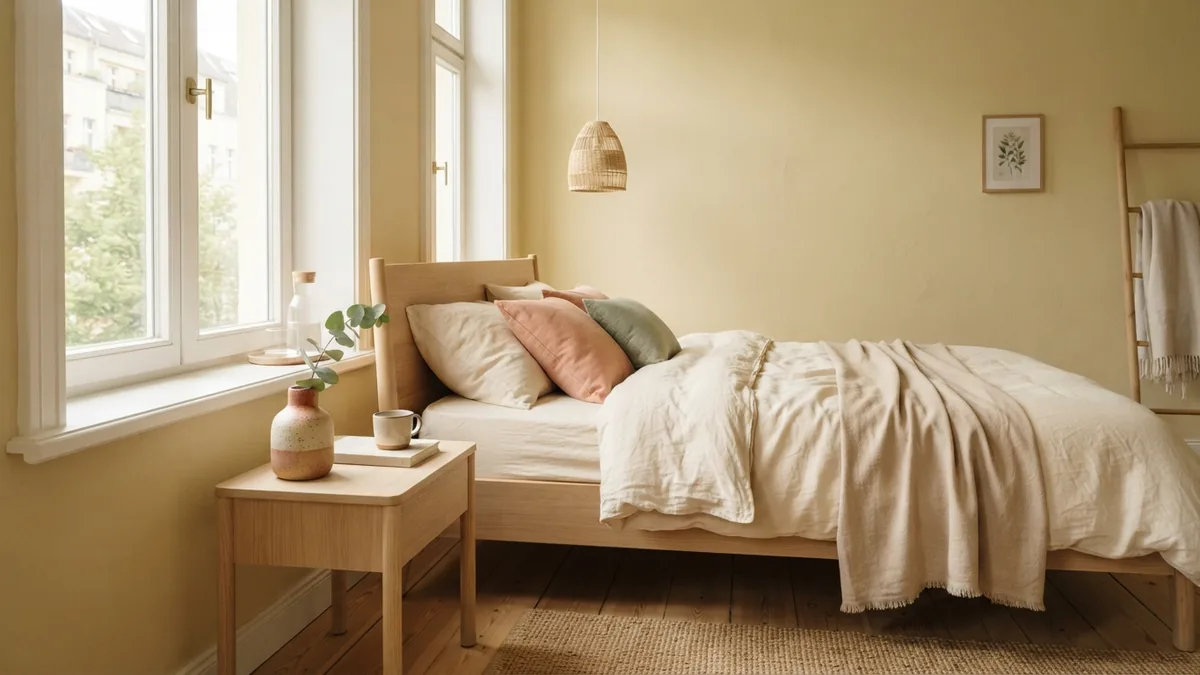 Bright bedroom with muted yellow walls, cream textiles, and pale wood accents