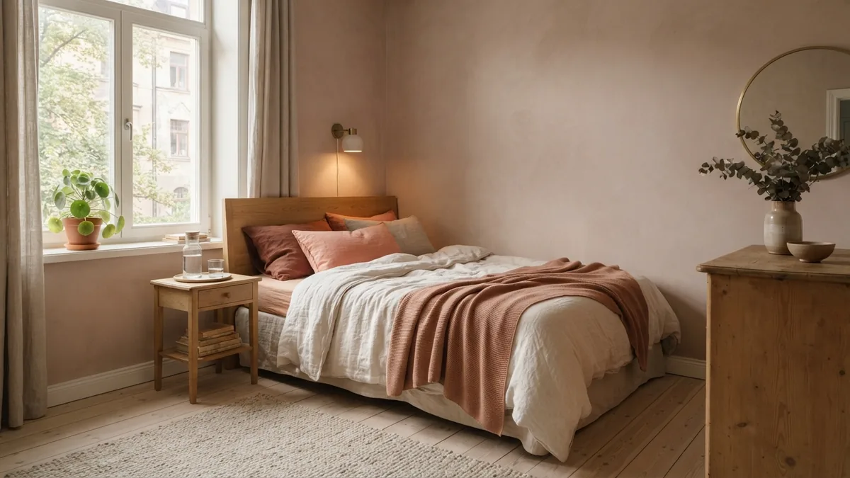 Dusty blush bedroom with warm accents Dusty blush bedroom with cream linen, pale oak, and warm terracotta accents