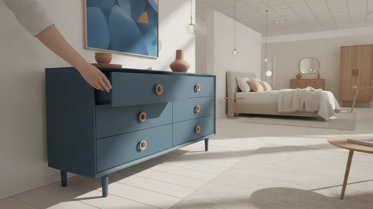 Shop smarter, measure first Examining a dresser in-store with attention to drawer hardware and finish color