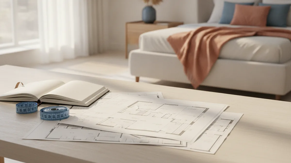 Measuring room space and planning bedroom furniture size and function