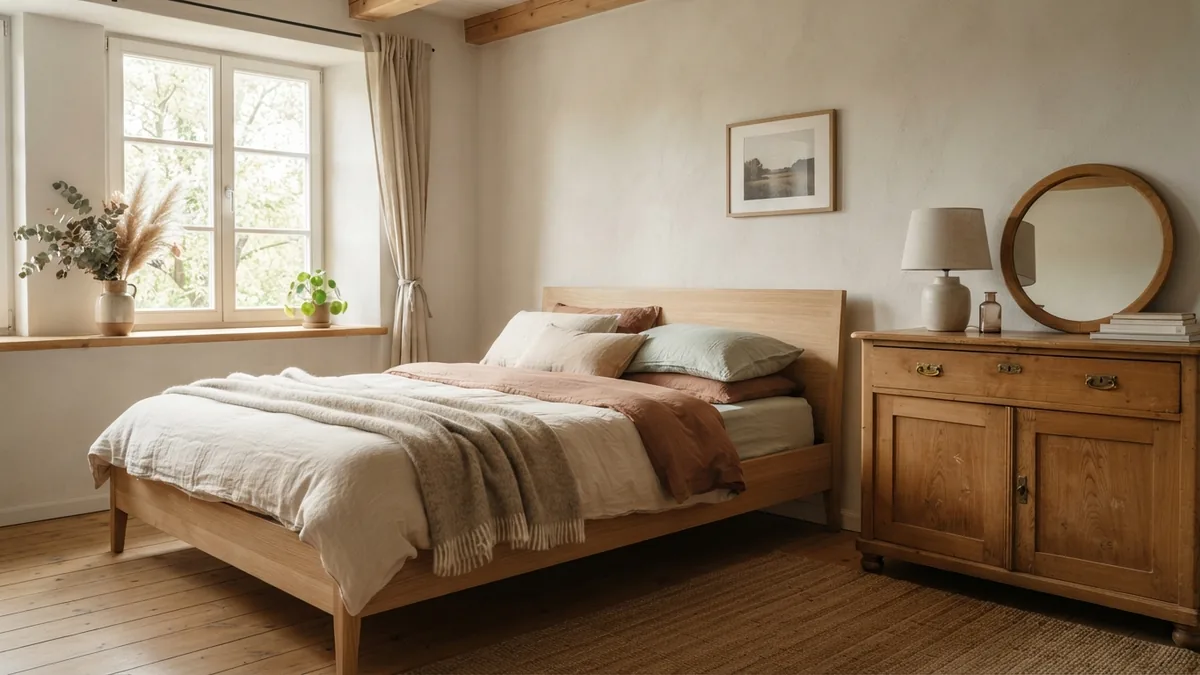 Mixed furniture styles in a bedroom Mixed bedroom furniture styles linked by warm wood tones and soft natural textures