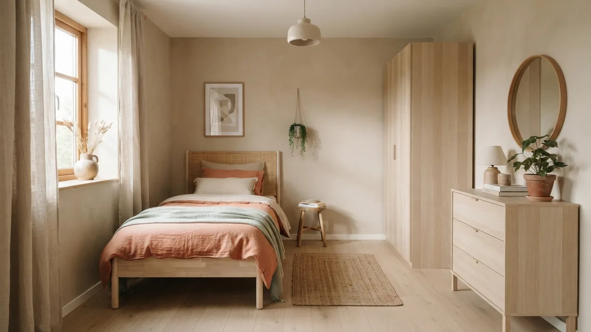 Space-saving furniture for a small bedroom Small bedroom with space-saving furniture and clear walking paths