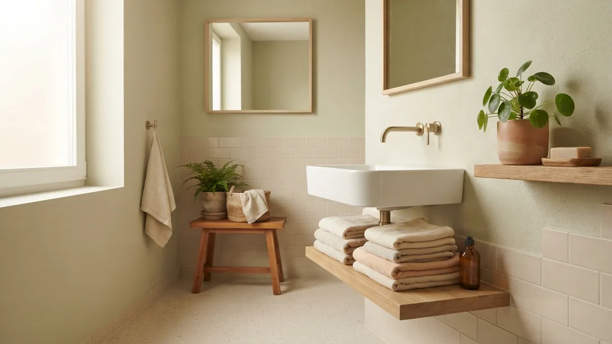 Pale sage walls with beige bathroom tiles Beige tiled bathroom with pale sage walls, light wood, linen towels, and a calm spa feel