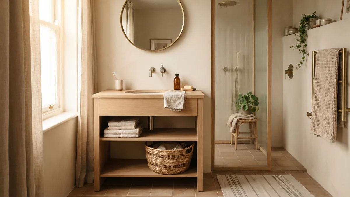 Cream walls with brown beige bathroom tiles Brown beige bathroom tiles paired with creamy walls, pale oak, and woven storage