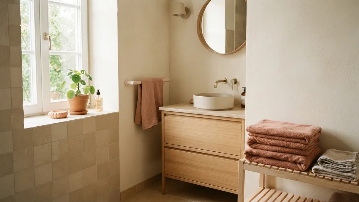 Beige bathroom with muted terracotta towels, peach ceramics, linen, and pale wood accents