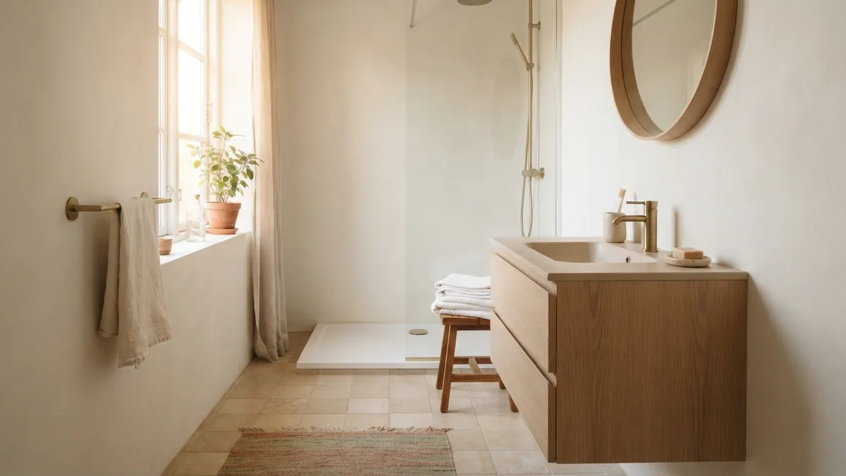 Warm white walls in a small beige bathroom Small beige tiled bathroom with warm white walls, pale wood vanity, and bright daylight