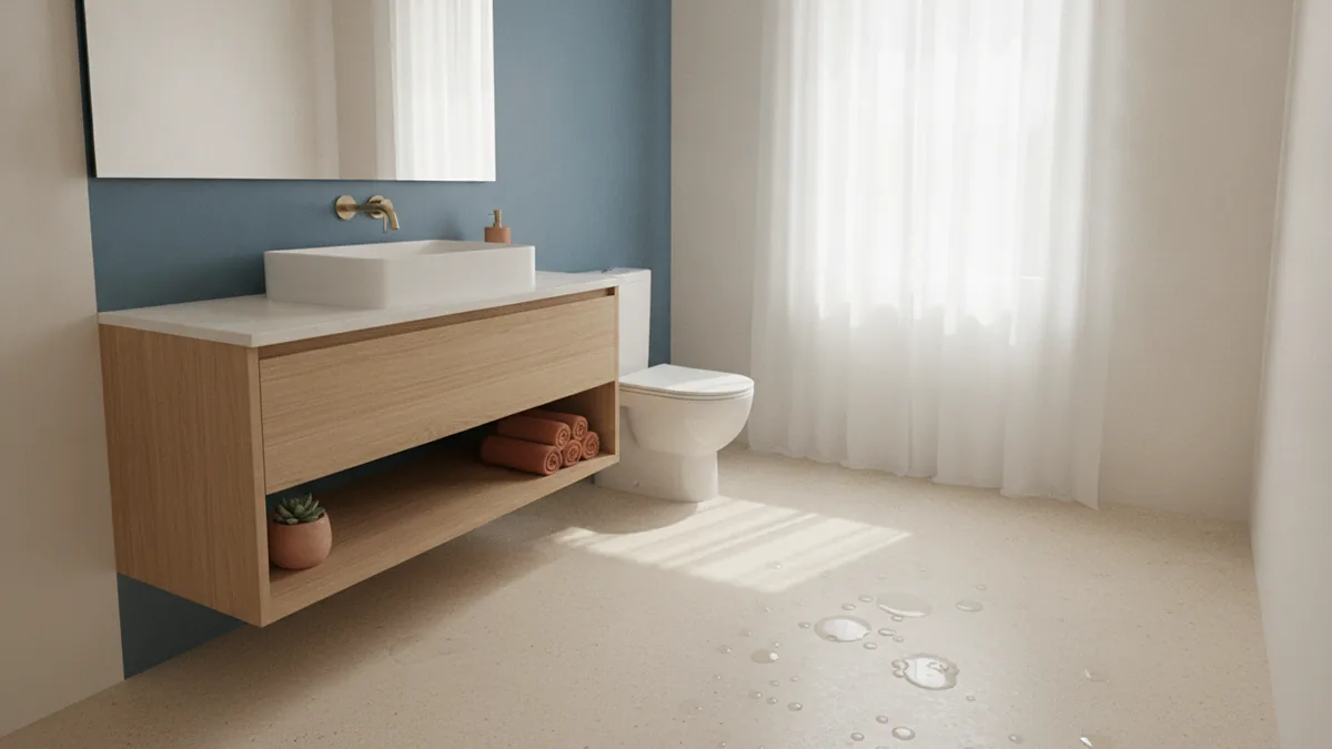 Water-resistant flooring in a small bathroom with clean, modern style