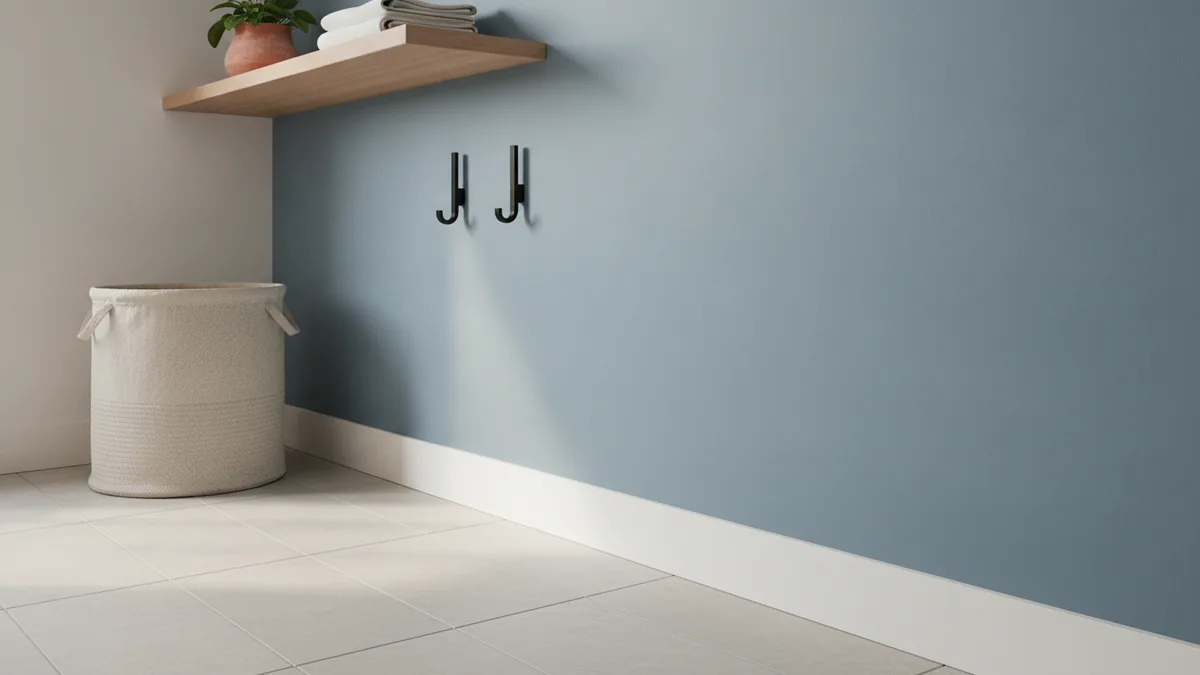 Blue-gray with warm neutrals Blue-gray laundry room wall with neutral trim and organized storage.