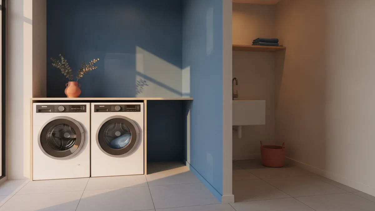 Laundry room lighting showing how paint color shifts from day to night.