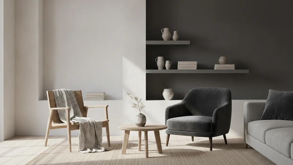 Living room color scheme ideas Living room vignette illustrating neutral and deep accent colors