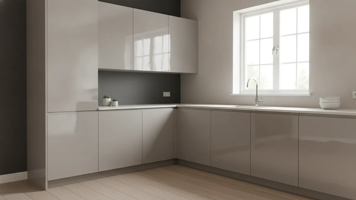 Light impacts how sheen looks Kitchen corner showing how cabinet sheen reflects window light