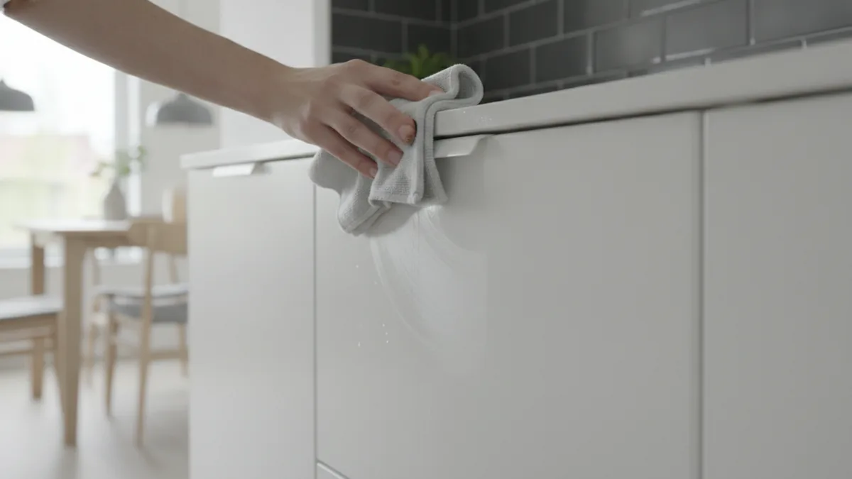 Cleaning a durable cabinet finish Soft cloth cleaning painted cabinet doors, showing cleanability