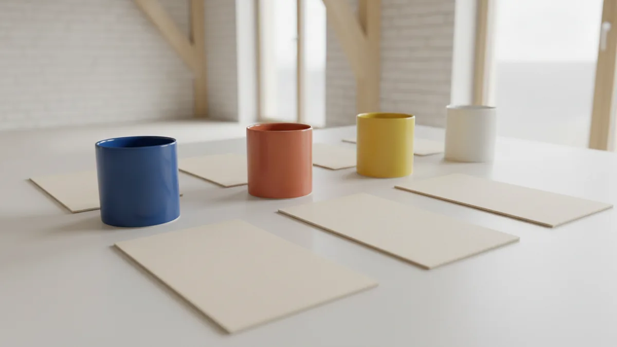 Common kitchen paint sheens Paint pot and finish boards illustrating flat, eggshell, satin, semi-gloss, and high-gloss