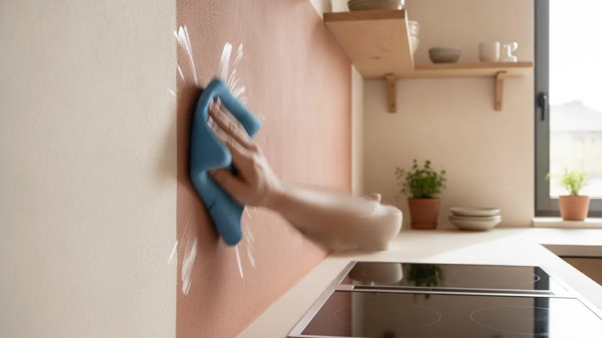 Cleanability in real life Gentle wiping motion on kitchen wall to demonstrate cleanability by sheen