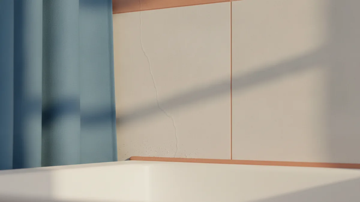 Bathroom wall and nearby tile showing moisture-prone areas before painting.