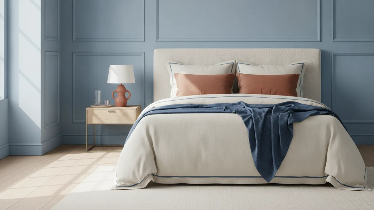 Serene bedroom with soft blue and warm neutral accents