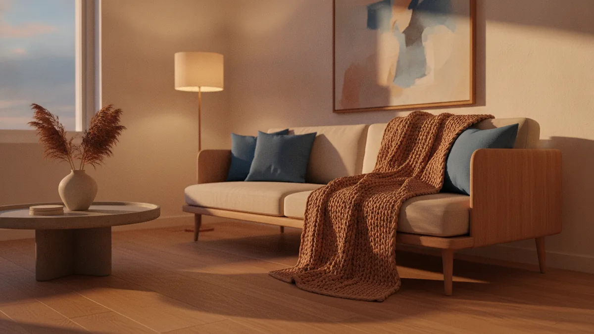 Warm neutral room with an earthy accent under evening light