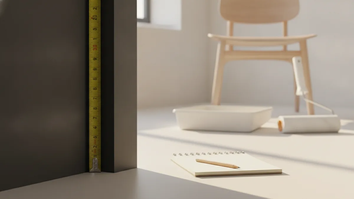 Measure room dimensions Measuring a room with a tape measure to calculate painted area