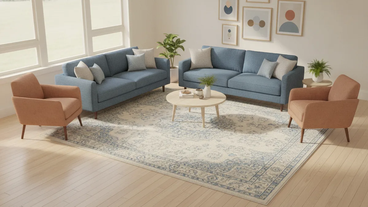 Living room rug showing clear floor borders and balanced proportions around the seating area