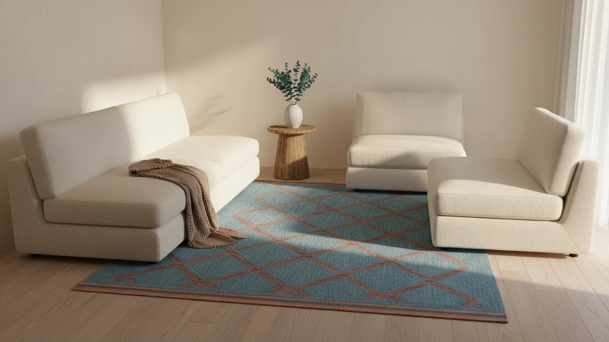 Choosing a medium room rug Medium rug placed beneath sofa and chairs to create a cohesive seating zone