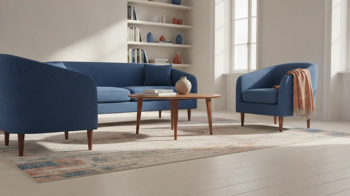 Furniture aligned on a rug Area rug aligned beneath sofa and chairs with furniture arranged in one unified seating group