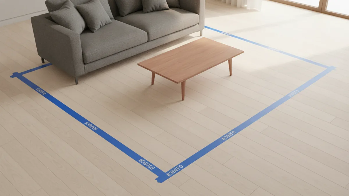 Painter's tape outlining a planned rug footprint across a living room floor