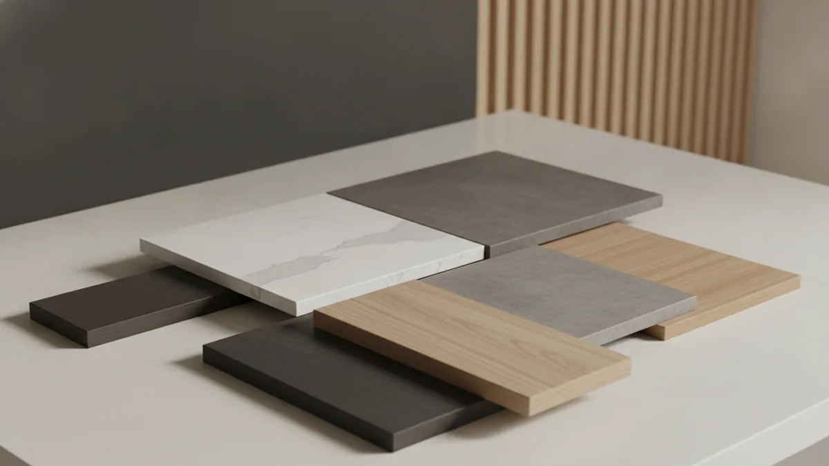 Finish samples for comparing cabinet colors and countertops