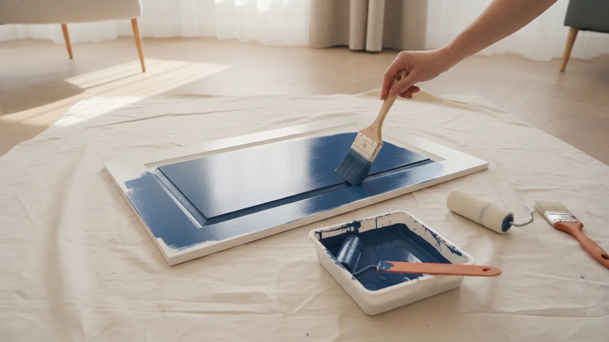 Apply two smooth coats Applying chalk paint evenly on cabinet doors with brush and roller