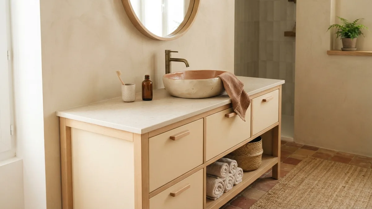 Painted laminate bathroom countertop with a smooth stone-like finish