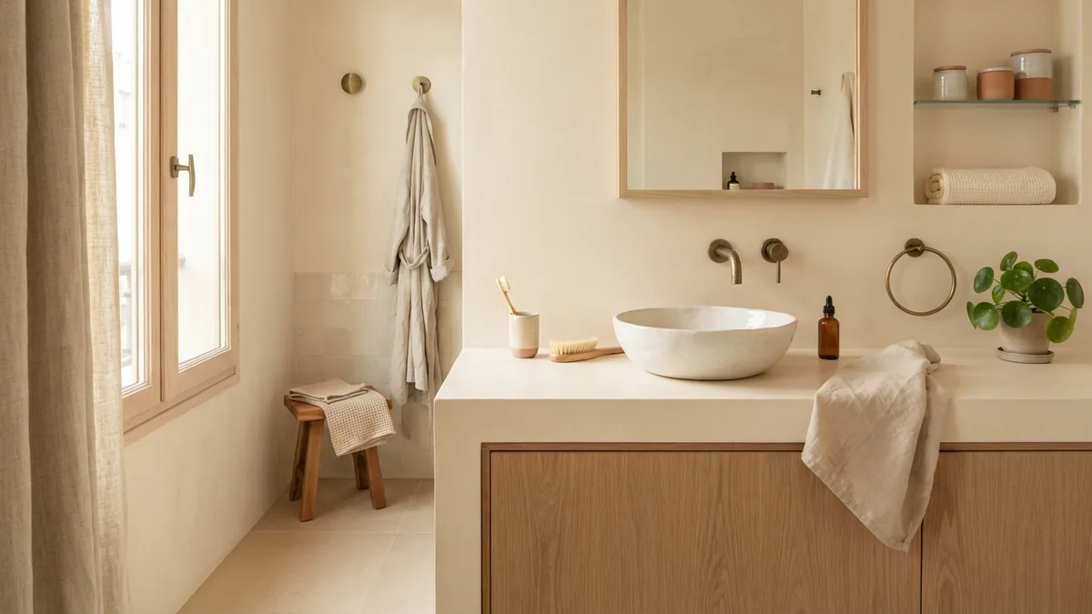 Bathroom vanity during a careful countertop painting project with neat tools