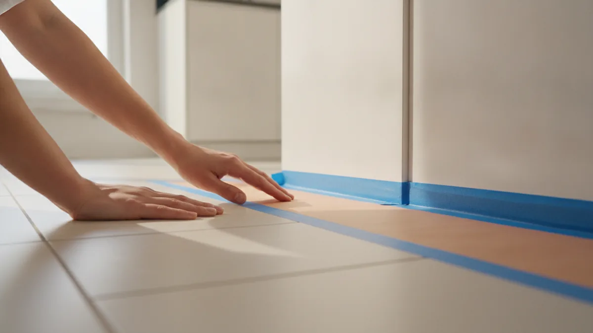 Painter’s tape protecting edges along a kitchen tile floor during prep