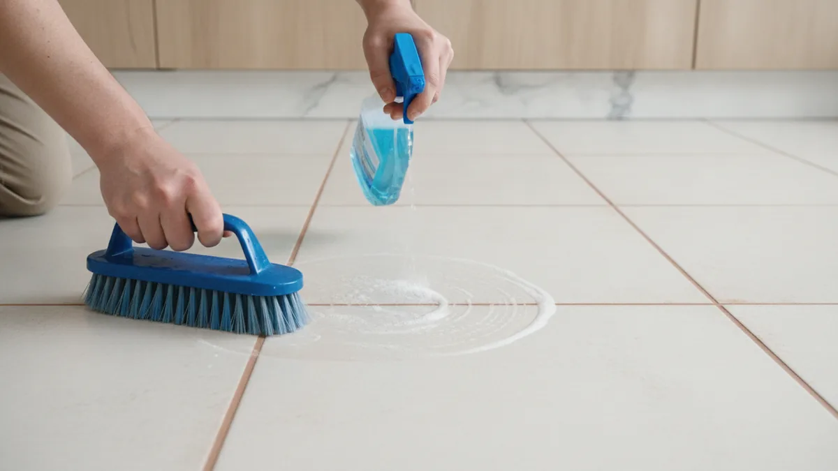 Deep cleaning ceramic tile grout with a scrub brush before painting