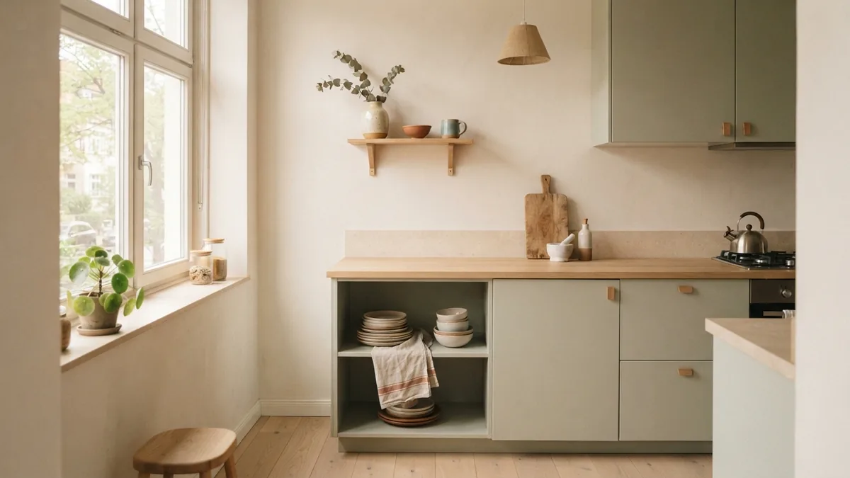 Renewed pale beige kitchen countertop with sage cabinets and warm natural light