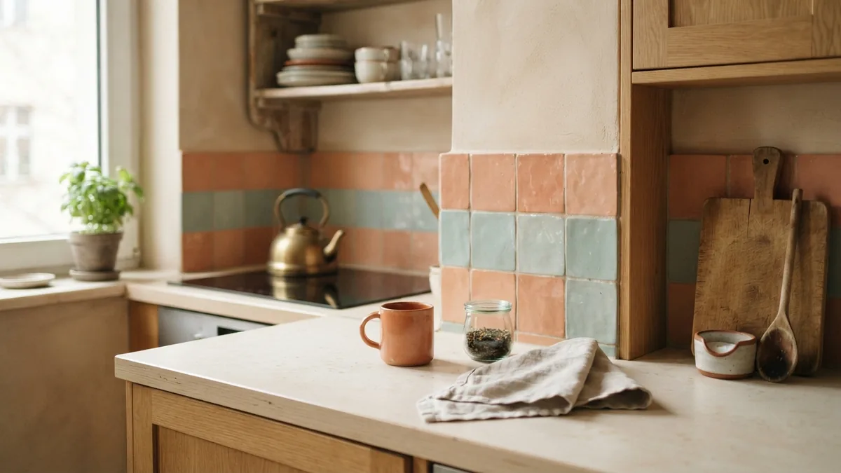 Countertop surfaces suited to paint Laminate and ceramic tile countertop surfaces in a bright European kitchen