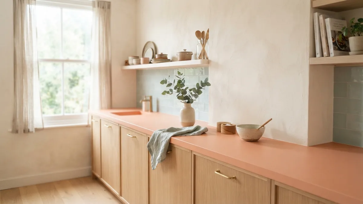 Applying a smooth countertop basecoat Fresh basecoat on a protected kitchen countertop during a DIY update
