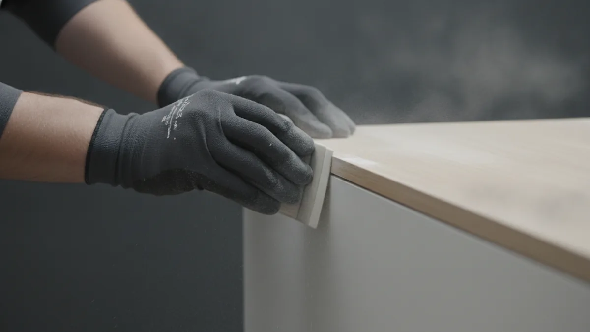 Light sanding for paint grip Sanding a glossy laminate cabinet door to improve paint adhesion