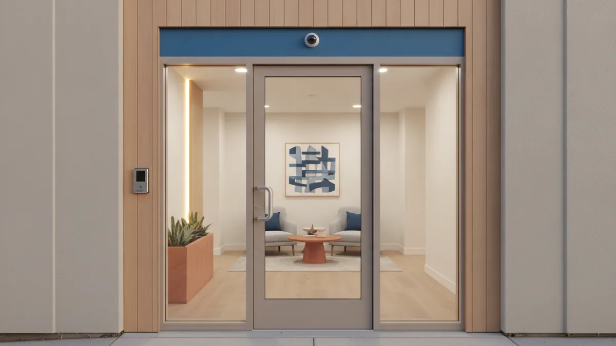 Building entryway that highlights security and access control