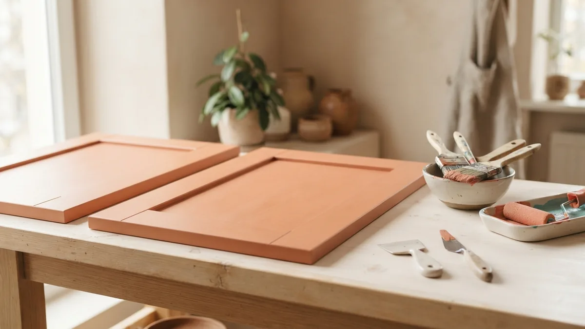 Cabinet doors and painting tools arranged on a clean workbench in soft daylight