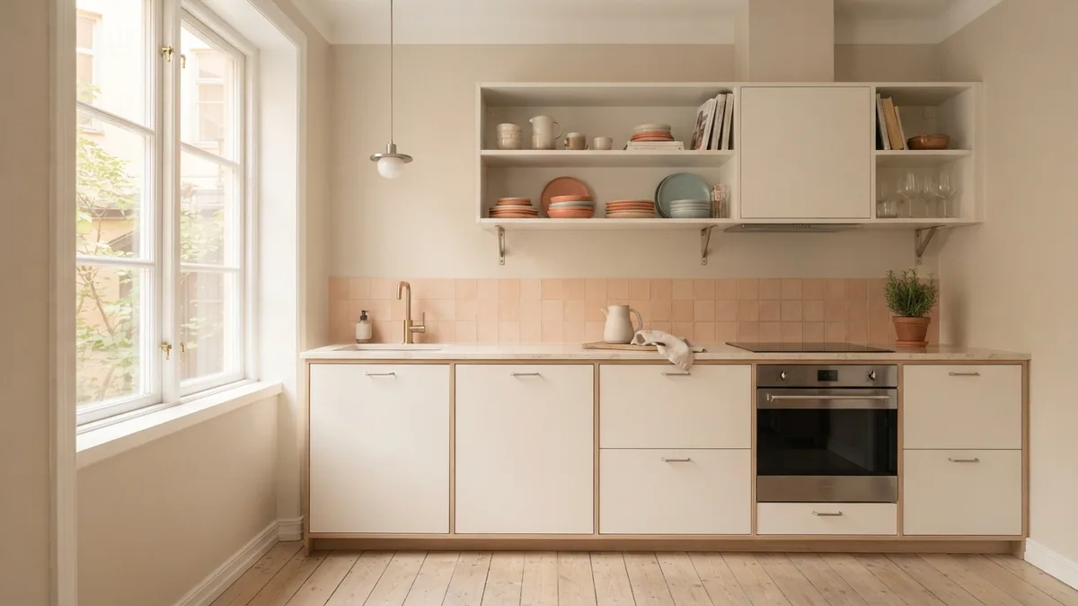 Smooth painted cabinet finish Smooth off-white kitchen cabinets with pale wood and brushed metal details