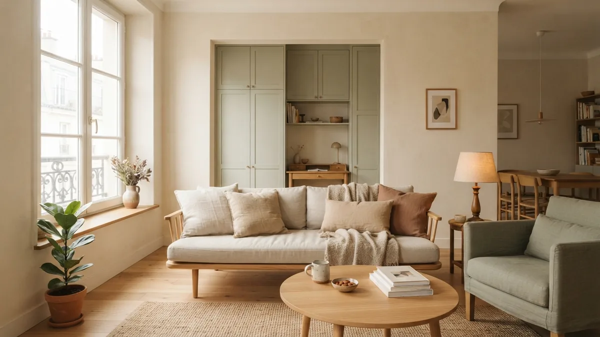Calm European living space with warm cream walls, sage cabinetry, and pale oak furniture
