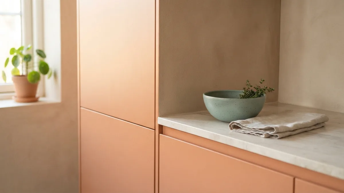 Satin cabinet doors showing a smooth durable finish in a warm kitchen