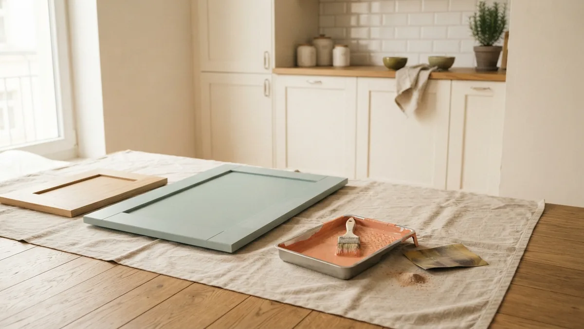 Cabinet doors and painting tools arranged for careful surface preparation