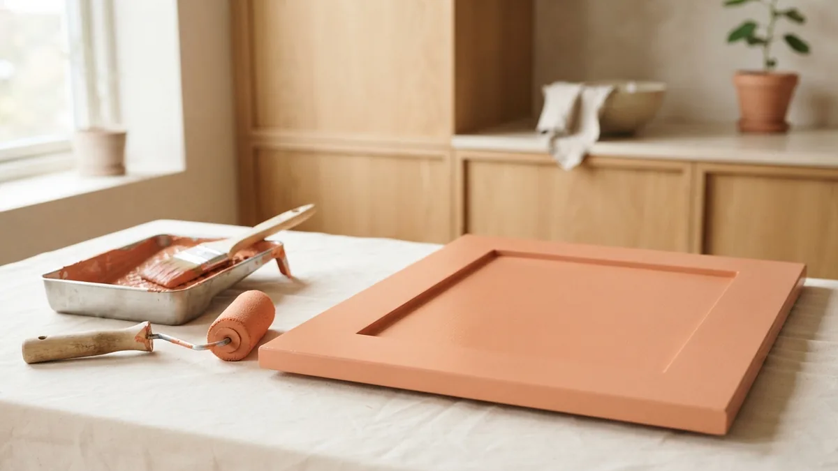 Paint tools beside a freshly coated cabinet door during a smooth finish