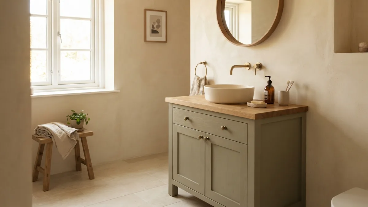 Sage bathroom vanity with cream walls and pale ceramic tile