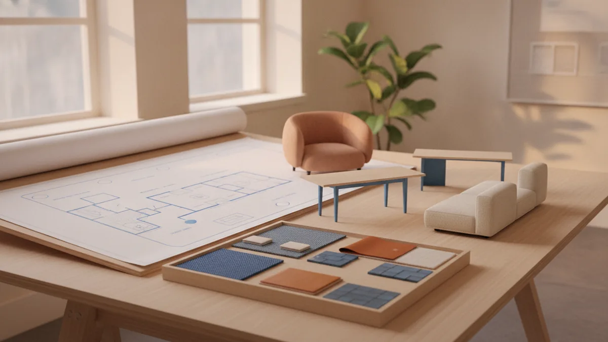 Inside a commercial design studio Commercial designer studying a workspace plan beside furniture and finish samples